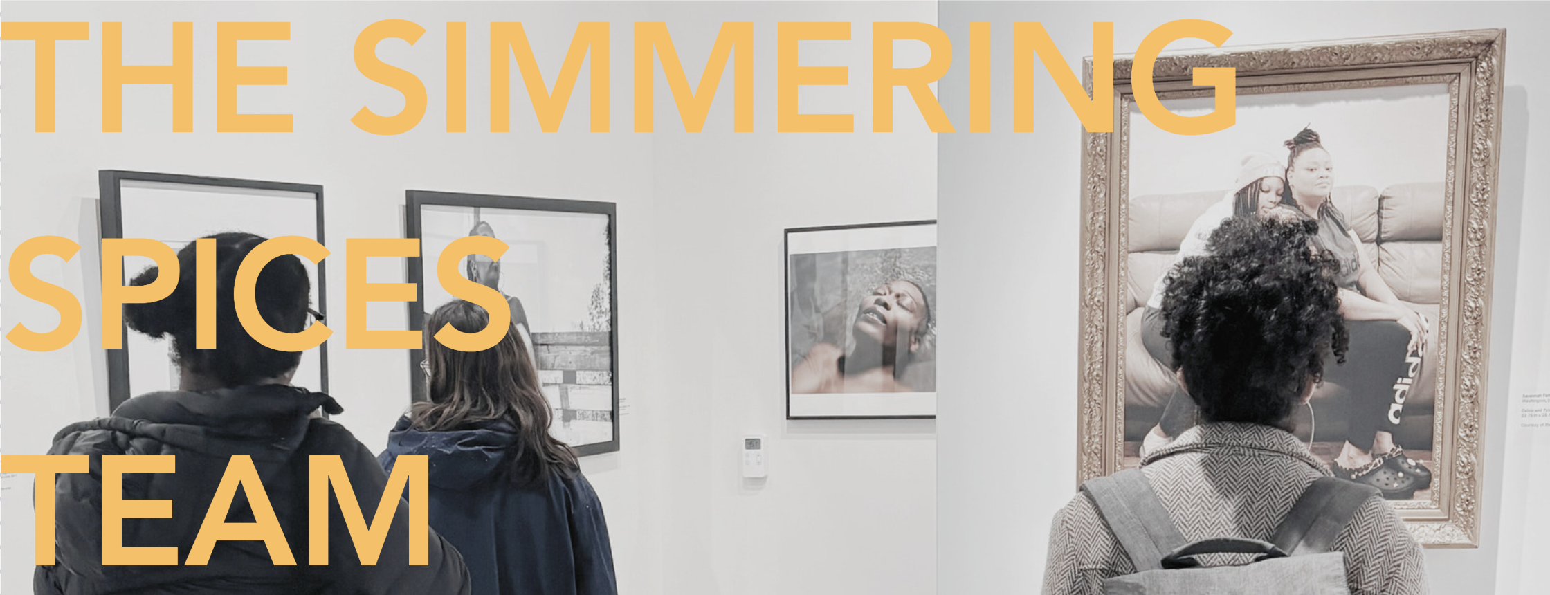 Three girls looking at art in an art gallery. Text over image reads "The Simmering Spices Team"